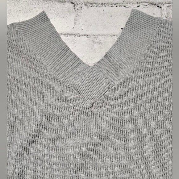 Pink Rose Gray Ribbed Knit V-Neck Sweater Balloon Sleeve Size Medium - Picture 7 of 10